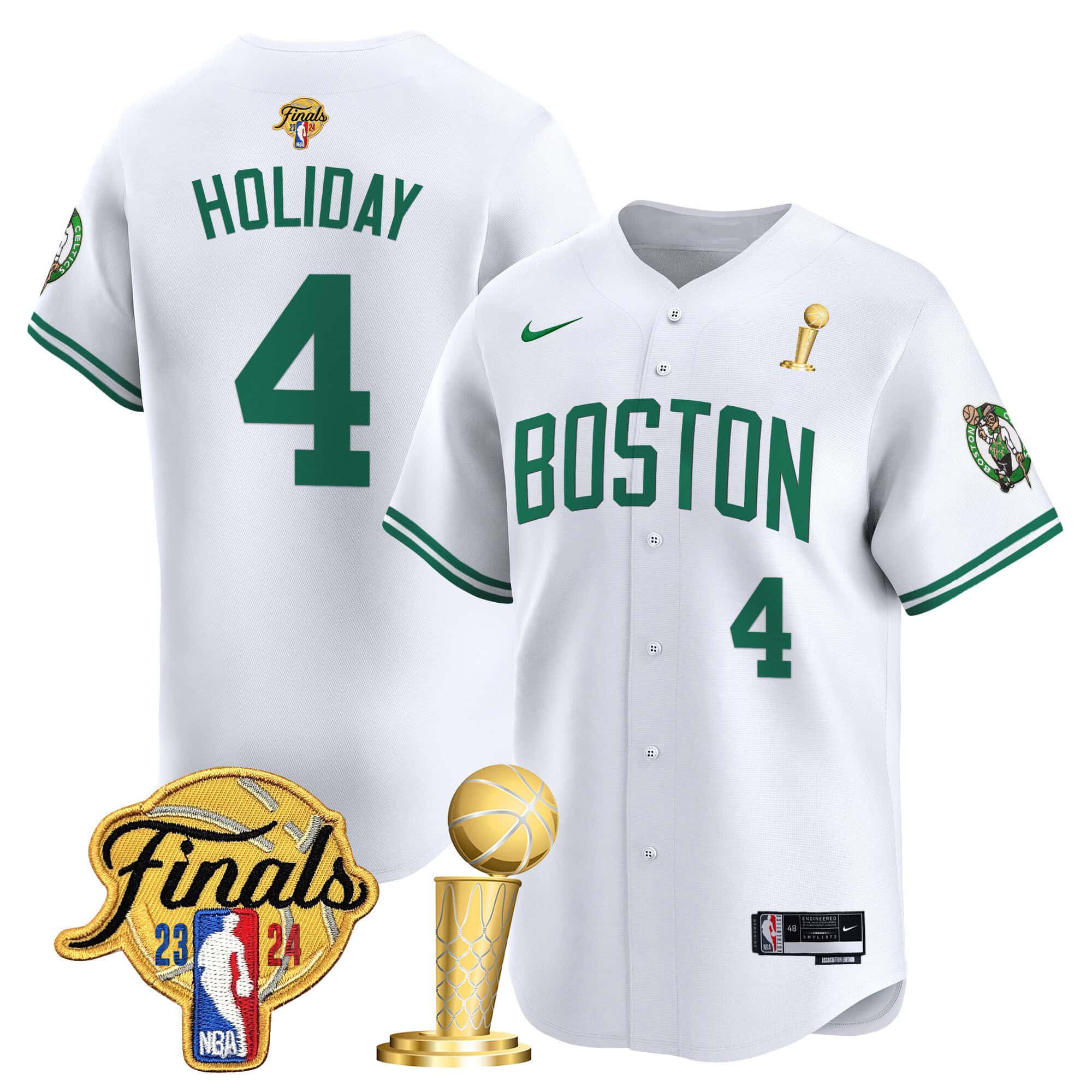 Men Boston Celtics 4 Holiday White 2024 Nike Final & Champions Patch Baseball NBA Jersey